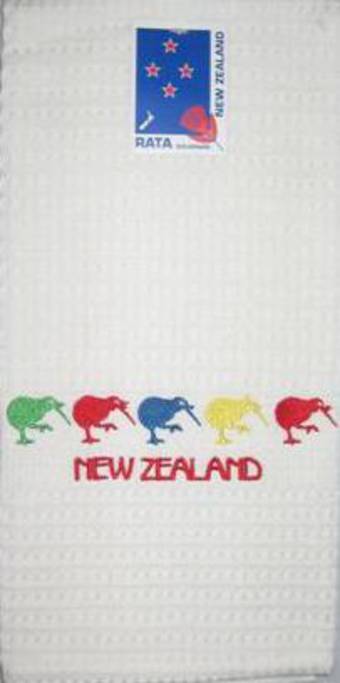 "5 Kiwis" tea towel white. Code: S760/WHI.